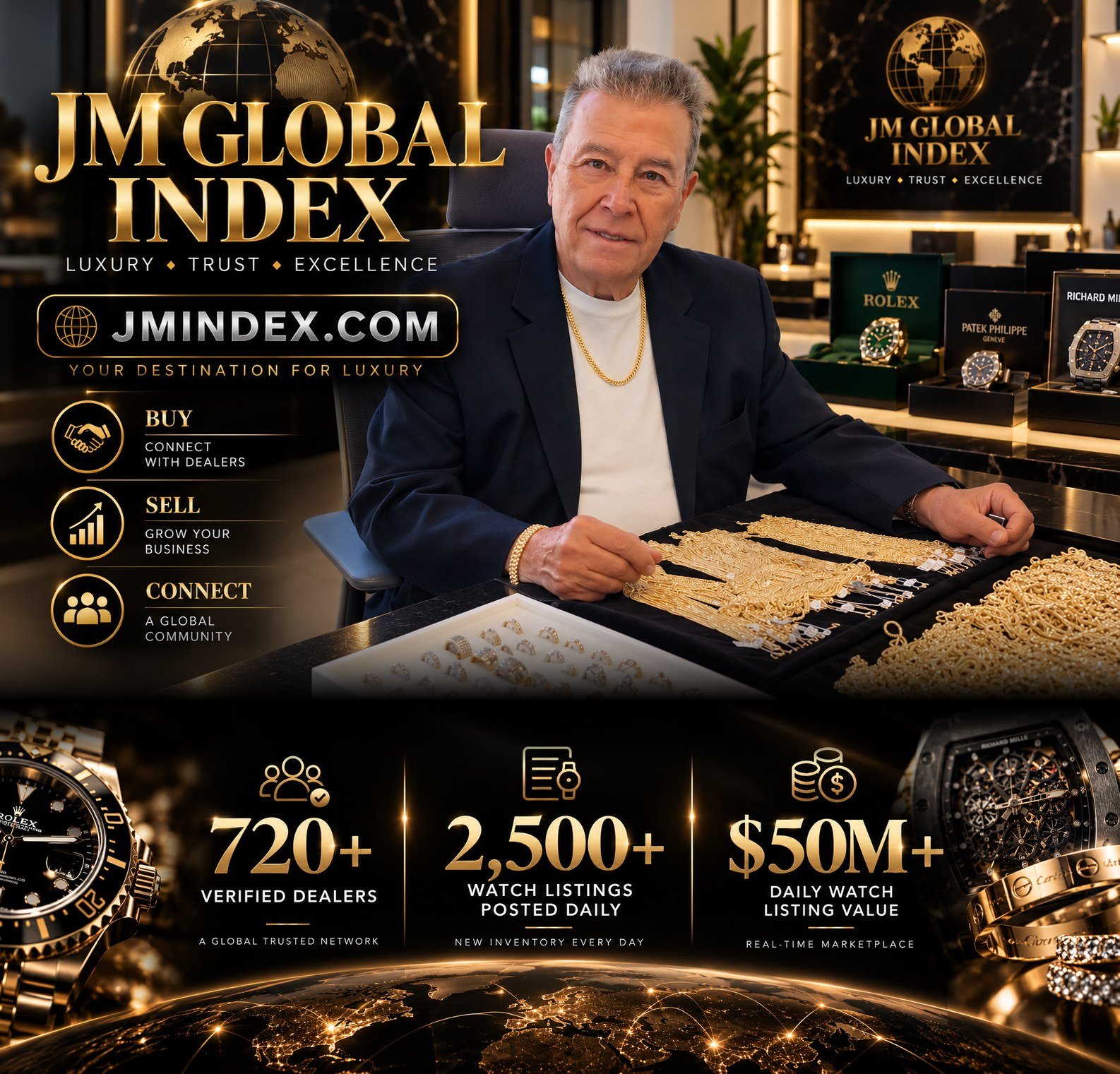 JM Global Index — luxury, trust, excellence. JMINDEX.COM, your destination for luxury: buy and connect with dealers, sell and grow your business, join a global community. 720+ verified dealers, 2,500+ watch listings posted daily, $50M+ daily watch listing value.